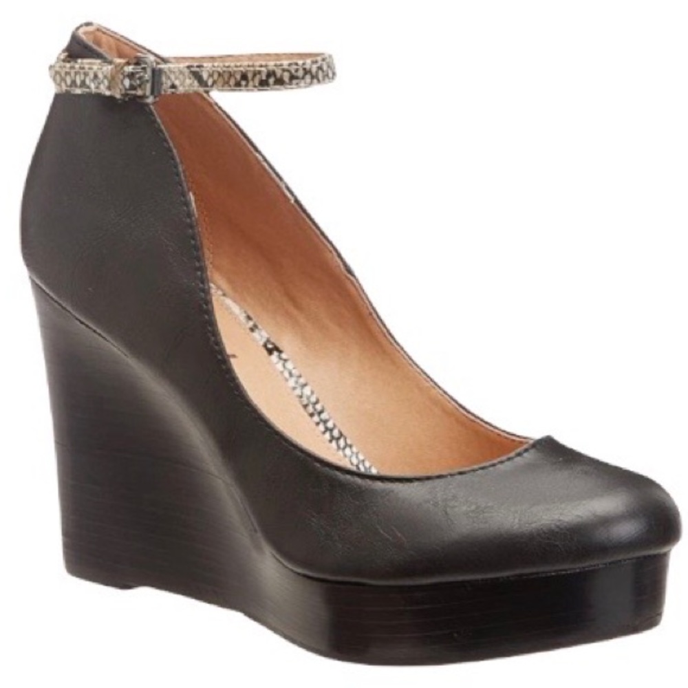 Report Footwear Black Azaria Platform Wedge with Snake Print Ankle Strap